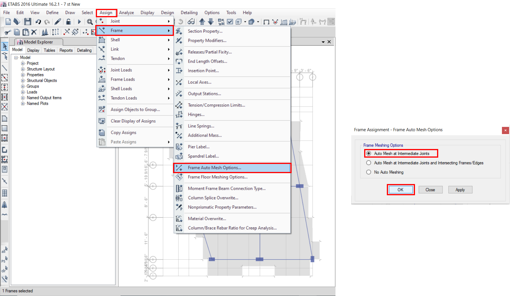 Assign →Frame →Frame Auto Mesh Options. → OK